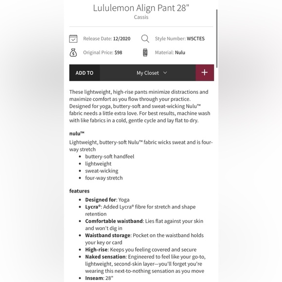 Lululemon Athletica High Rise Align 28” Cassis Colored Leggings W5CTES SIZE 0 - Picture 10 of 10